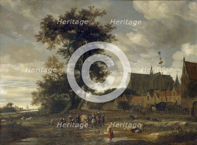 Scene before a Maypole with Alkmaar Church in the Background, 1669. Artist: Salomon Ruysdael.