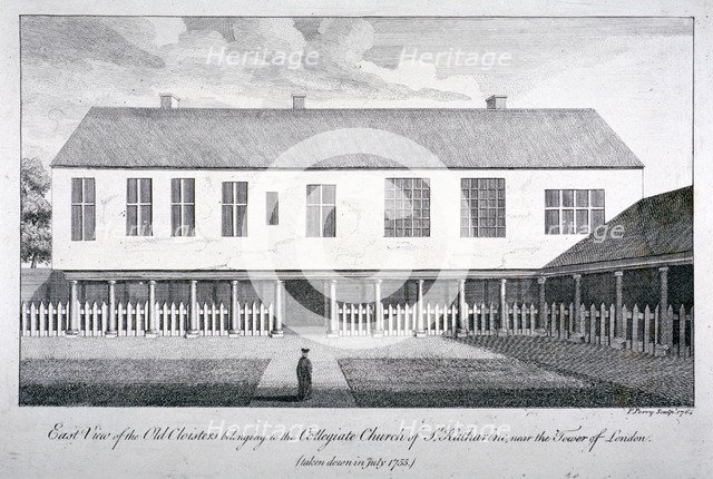 East view of the old cloisters at the Church of St Katherine by the Tower, Stepney, London, 1764. Artist: F Perry