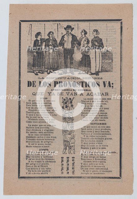 Broadsheet with monthly horoscopes; a group of women surrounding one man and a crowd of pe..., 1903. Creator: José Guadalupe Posada.