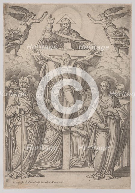 The Trinity, with the crucifixion at center and saints to both sides, 1586. Creator: Giovanni Battista Cavalieri.