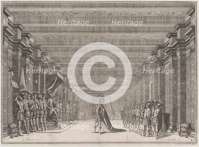 Throne room with a man in classical armor standing at center addressing a man seated on a ..., 1674. Creator: Mathäus Küsel.