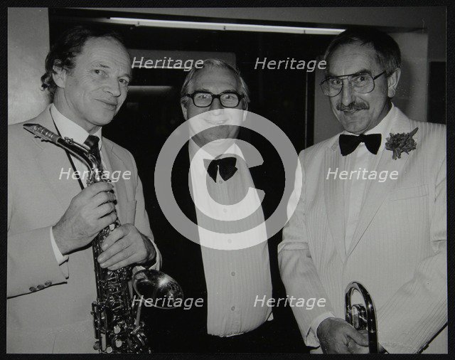 Musicians John Dankworth and Don Lusher with Dennis Matthews of Crescendo magazine, London, 1985. Artist: Denis Williams