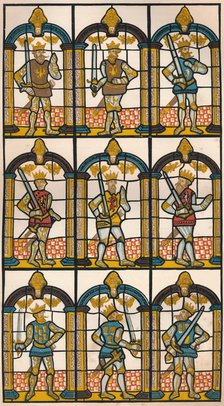 'Painted Window - Two Saxon Earls of Mercia, and Seven Norman Earls of Chester', 1808 (1845). Artist: William Fowler.
