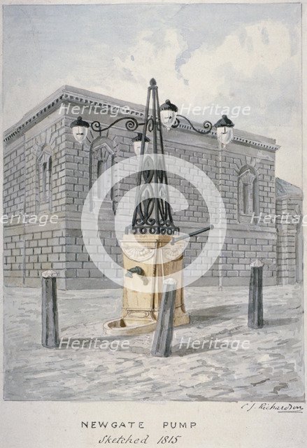 Newgate Pump, Old Bailey with Newgate Prison in the background, City of London, 1815. Artist: Charles James Richardson