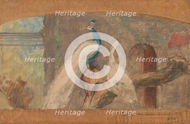 Design for a dessus-de-porte: branch with peacock and other birds, 1874.  Creator: August Allebe.