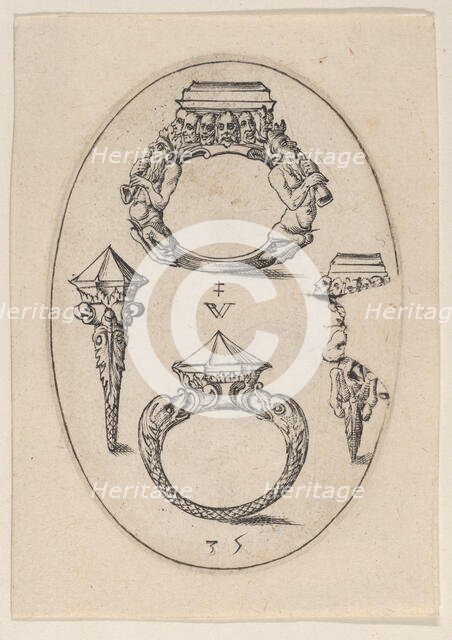 Designs for Four Rings, Plate 35 from 'Livre d'Aneaux d'Orfevrerie', 1561. Creator: Pierre Woeiriot.