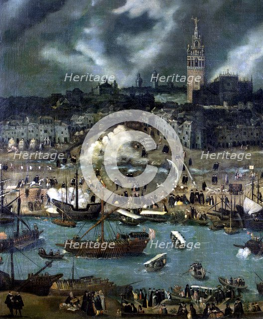 View of Seville, detail of the central part. Oil work by Sanchez Coello.