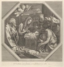 The adoration of the shepherds who kneel together at right before the infant Christ..., ca. 1655-93. Creator: François de Poilly.