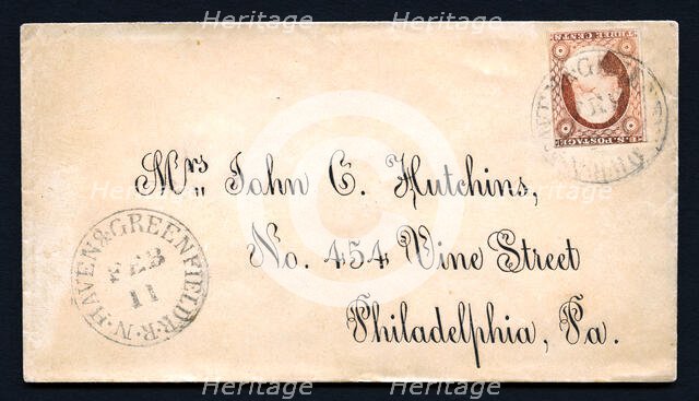 3c Washington with New Haven & Greenfield R.R. cancel on cover, 1852-1857. Creator: Unknown.