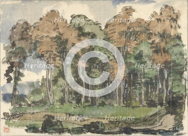 Road at the edge of a forest, with countrymen at work, 1880-1942. Creator: Jules Chadel.