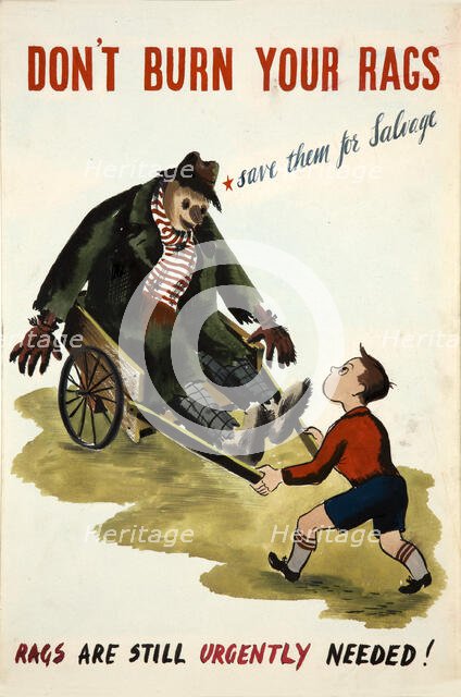 Salvage World War II poster - 'Don't burn your rags - save them for salvage'.., c1939 and 1946. Creators: Central Office of Information, Cyril Kenneth Bird.