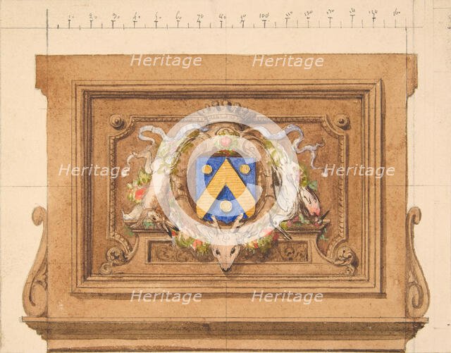 Design of a decorative panel featuring hunting trophies, a shield, and a crown, 19th century. Creators: Jules-Edmond-Charles Lachaise, Eugène-Pierre Gourdet.
