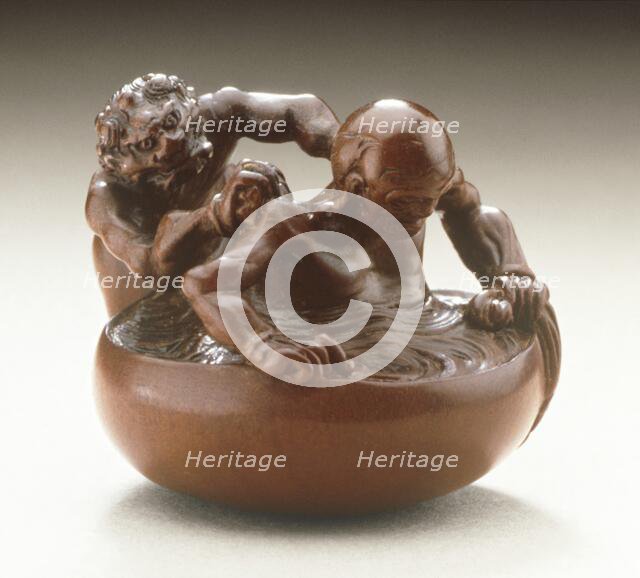 Demon with Temple Guardian in Bath, Mid-19th century. Creator: Miwa School.