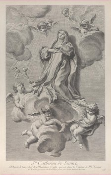 The Ecstasy of Saint Catherine of Siena, kneeling on a cloud carried by angels, one of ..., 1729-40. Creator: Simon François Ravenet.