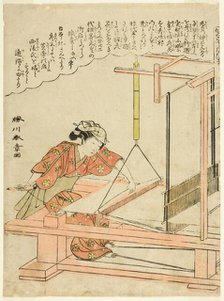 Weaving silk, plate 11 from the series "Silkworm Cultivation (Kaiko yashinai gusa)", Japan, c. 1772. Creator: Shunsho.