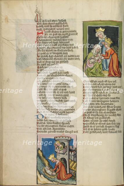 The Finding of Moses: A Handmaid of Pharaoh's Daughter Nurses Moses; Weltchronik, about 1400-1410. Creator: Unknown.