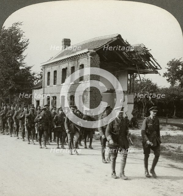 London Territorials on the march, La Bassee Road, northern France, World War I, 1914-1918.Artist: Realistic Travels Publishers