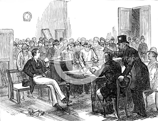 Metropolitan Boroughs election sketches: working men voting during the dinner hour, 1874. Creator: Unknown.
