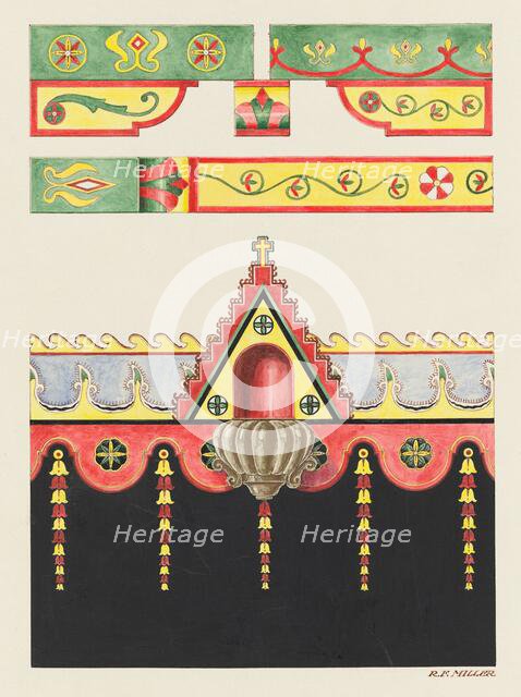 Wall and Ceiling Decorations, and Holy Water Font; Restoration Drawing, 1936. Creator: Randolph F Miller.