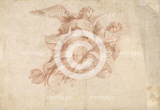 Two Angels Flying; verso: God the Father Seated in the Clouds and a Sketch of a Figure Flying, c1720 Creator: Cosmas Damian Asam.