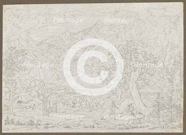 The Grindelwald Glacier with Hunter and Peasant Girl in Foreground, ca. 1823. Creator: Joseph Anton Koch (Austrian, 1768-1839).