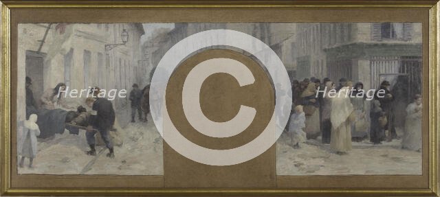 Esquisse pour l'Hôtel de Ville de Paris, cabinet du préfet : Le transport des blessés à..., 1889. Creator: Paul Albert Baudouin.