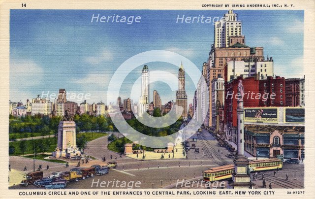 Columbus Circle and one of the entrances to Central Park, New York City, New York, USA, 1933. Artist: Unknown