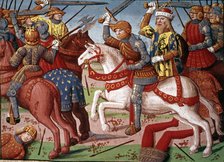 Charlemagne leading his troops in a battle against the Saracens in Spain. (780). Miniature in the…