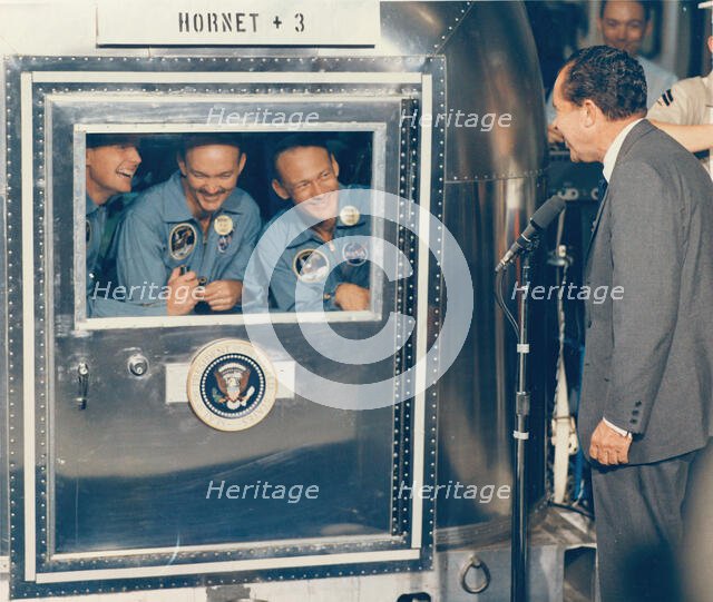 [President Richard M. Nixon Welcomes the Apollo 11 Astronauts Aboard Recovery Ship USS Hor..., 1969. Creator: NASA.