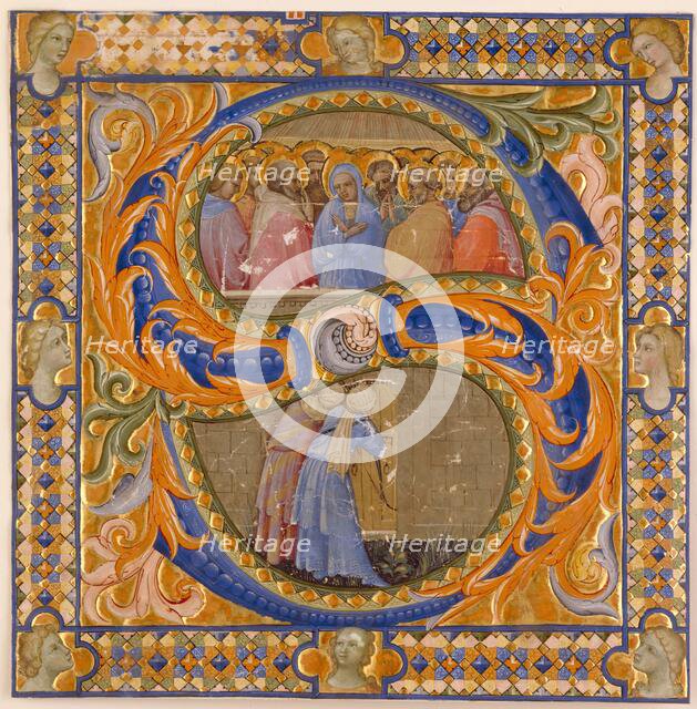 Choral Leaf Fragment: Framed Historiated "S" with Pentecost and Virgin Mary, early 15th century. Creator: Lorenzo Monaco.