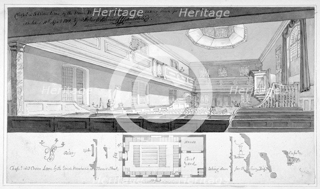 Three Cranes Lane Chapel, Upper Thames Street, City of London, 1818.                                 Artist: Robert Blemmell Schnebbelie