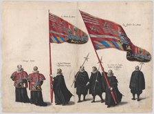 Plate 48: Men bearing arms and heraldic flags marching in the funeral procession of Archdu..., 1623. Creator: Cornelis Galle I.