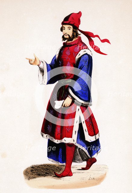 German nobleman from the Middle Ages, colored engraving.