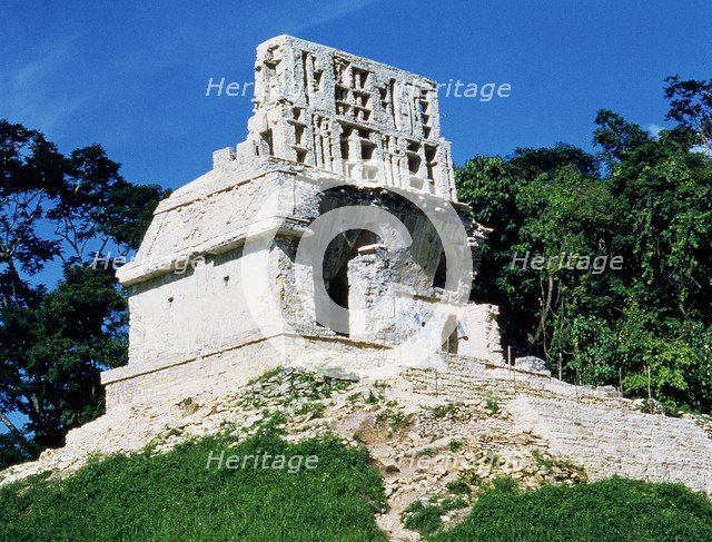 Exterior view of the Temple of the Cross in the Mayan ruins of Palenque.