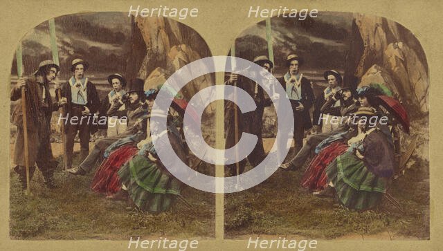 Genre scene: well-dressed group talking to a peasant, about 1865. Creator: London Stereoscopic & Photographic Co.