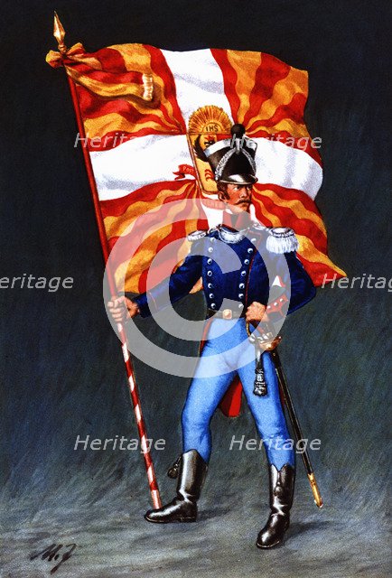 Flag bearer from the canton of Genève, c. 1815. Color engraving from 1943, published by Editions …
