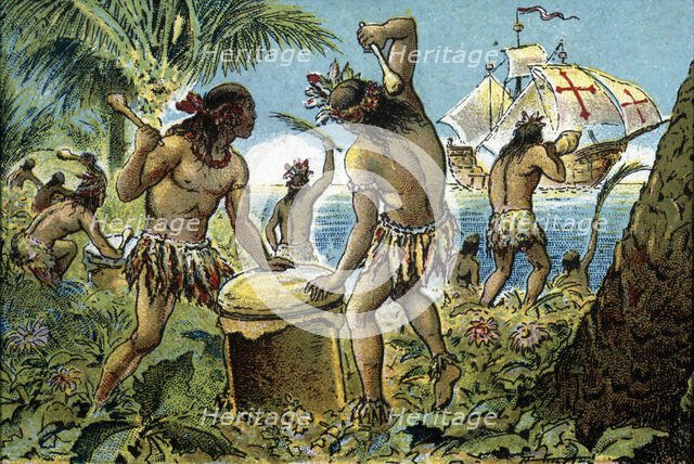 Discovery of America, third trip, hostile reception of the Indians of the province of...15th cent. Creator: Mestre, Albert.