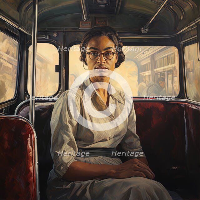 AI IMAGE - Portrait of Rosa Parks sitting on a bus, 1950s, (2023). Creator: Heritage Images.