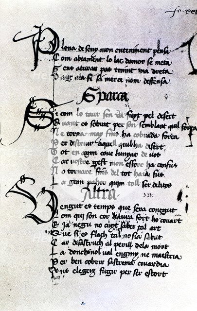 Manuscript by Ausias March, folio XXIX, XXVIII poems, Gothic writing with ornamented initials wit…