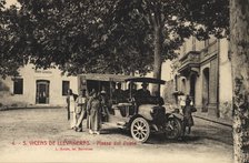 Line bus with passengers at the stop in the Square of Sant Vicens de Llavaneres, on a postcard of…