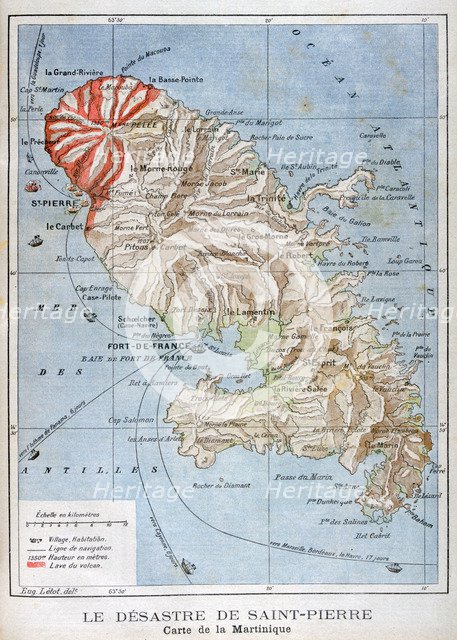 Map showing the eruption of Mount Pelee, Martinique, 1902. Artist: Unknown
