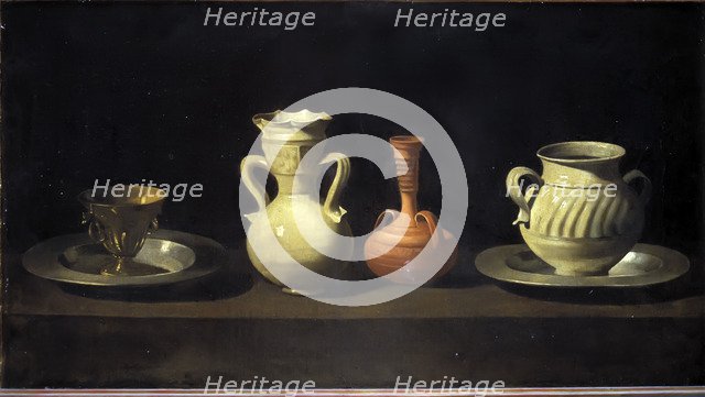  'Still life of pots and pans', oil Painting by Zurbarán.