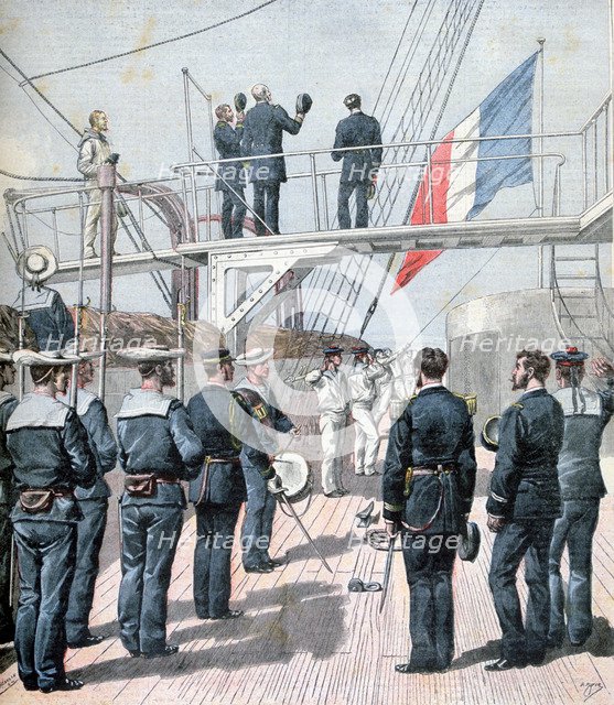 Salute to the flag, French naval manoeuvres, 1891. Creator: Henri Meyer.