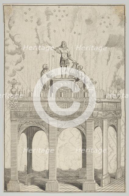 Triumphal arch with sculpture of Louis XIV as Apollo and fireworks in the backgrou..., 17th century. Creator: Anon.