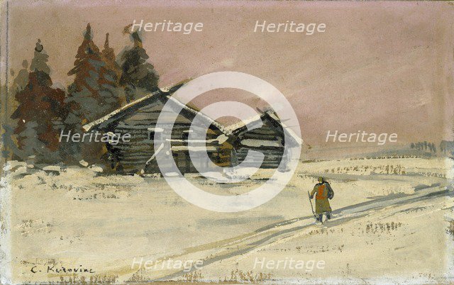 Winter Landscape with two wooden Huts, early 20th century. Artist: Konstantin Korovin.