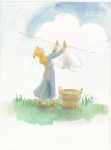 A medieval girl hanging laundry, 2004. Creator: Judith Dobie.