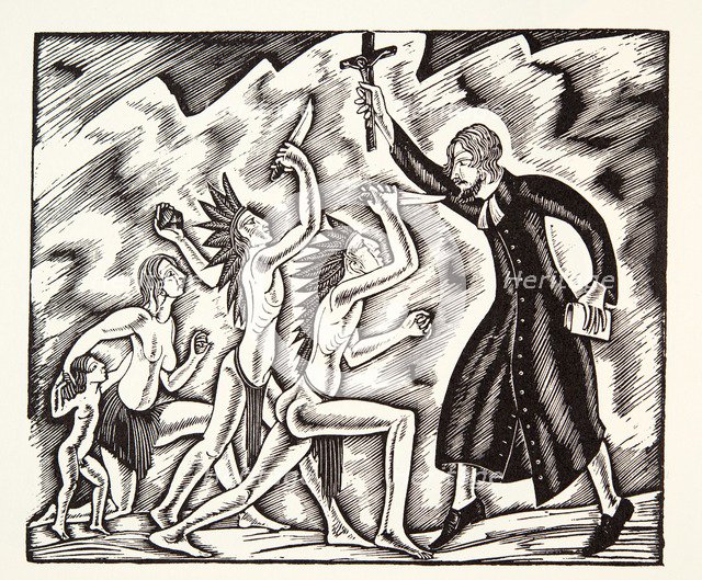 The Attack,  from The Travels and Sufferings of Father Jean de Brebeuf, 1938, (wood engraving).