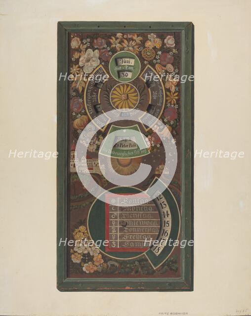 Zoar Calendar, c. 1937. Creator: Fritz Boehmer.