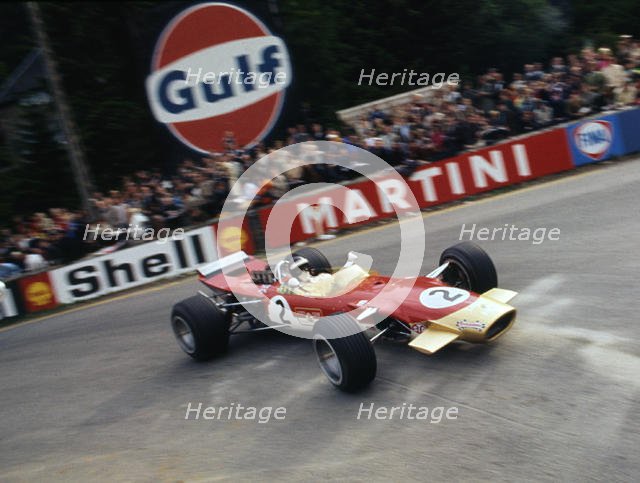 Lotus 49, Gold Leaf, driven by Jackie Oliver at the 1968 Belgian Grand Prix. Creator: Unknown.