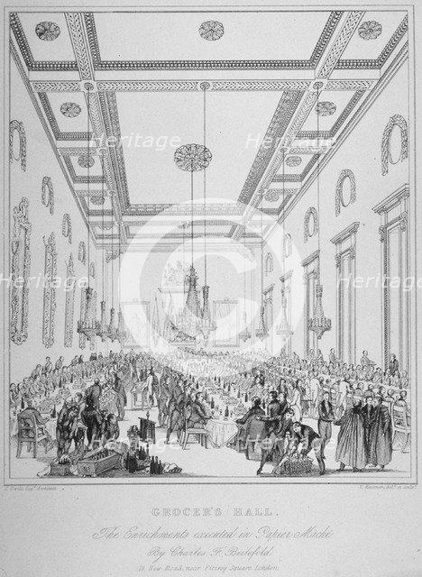 Interior of Grocers' Hall during a banquet, City of London, 1830. Artist: T Kearnan